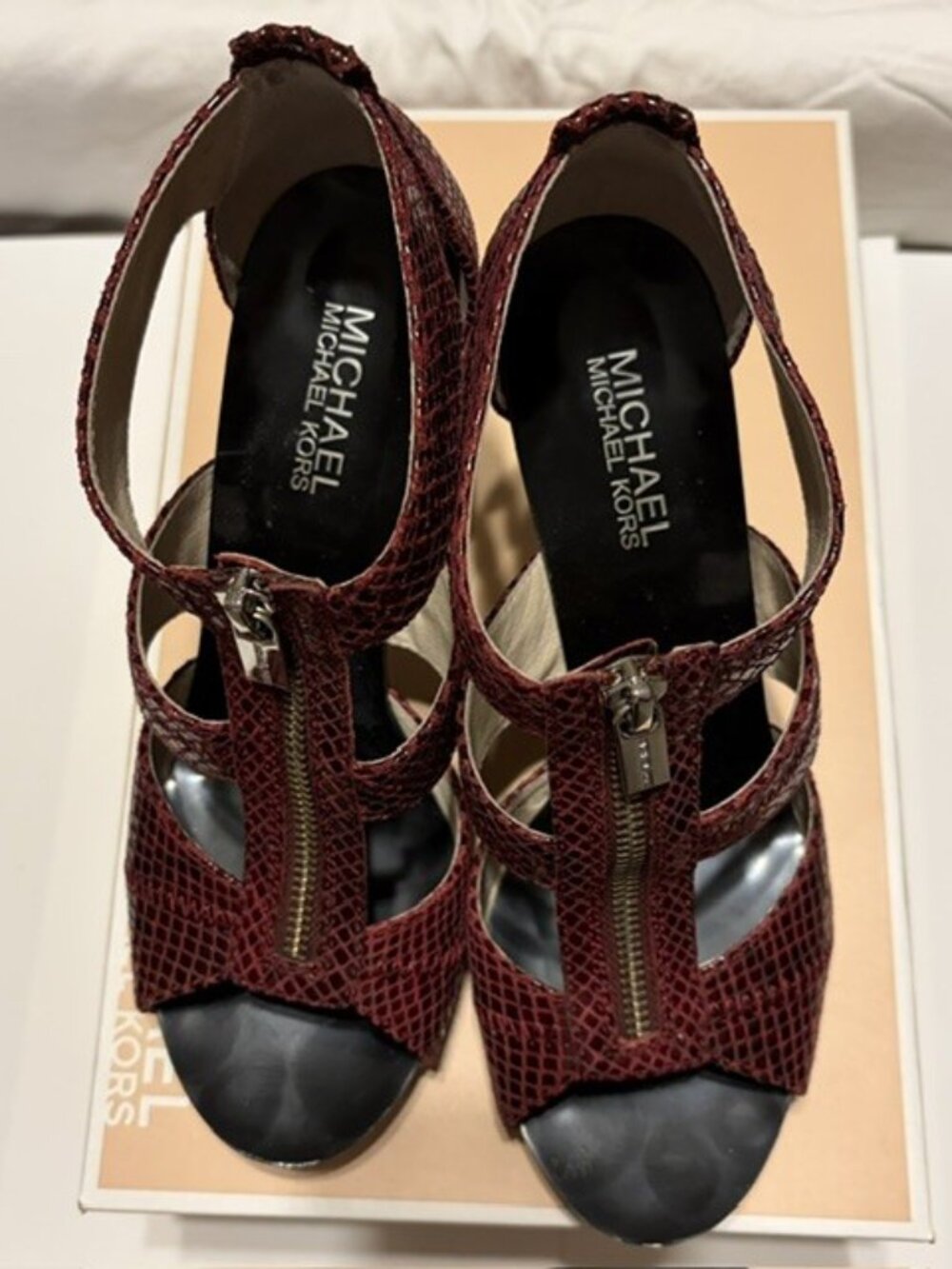 Michael Kors Berkley T-Strap Sandals Burgundy Snake Print